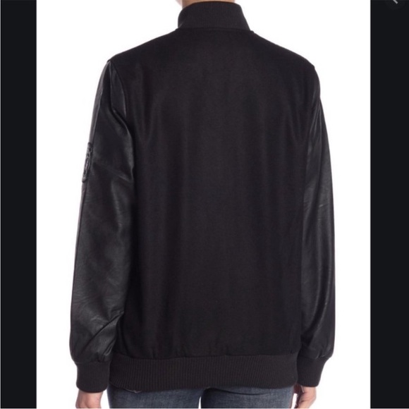 Obey black faux leather sleeves Embroidered Patch bomber jacket S - Picture 2 of 9